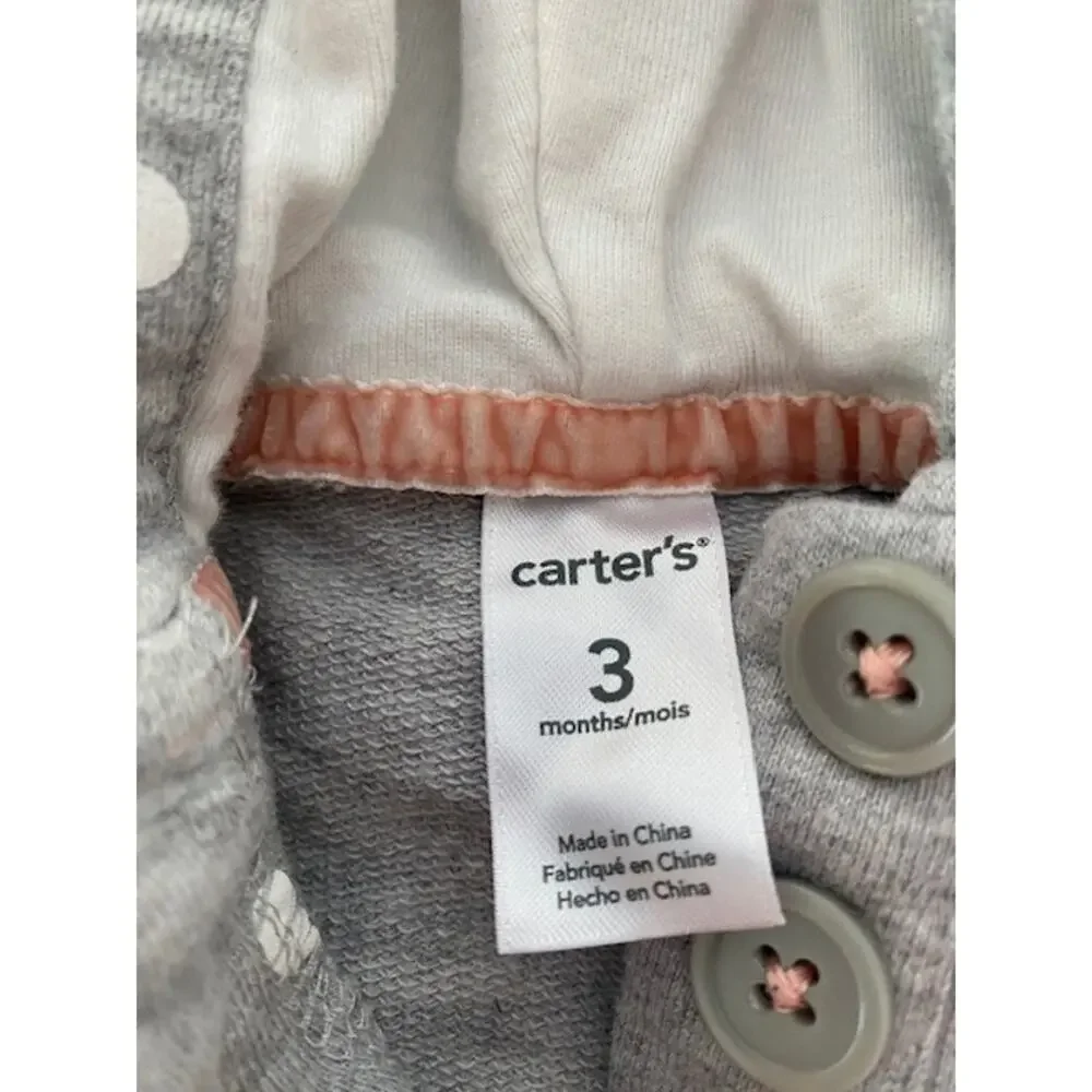 Carter’s Baby Girls 3M Gray Polka Dot Bear Pocket Hooded Romper One Piece